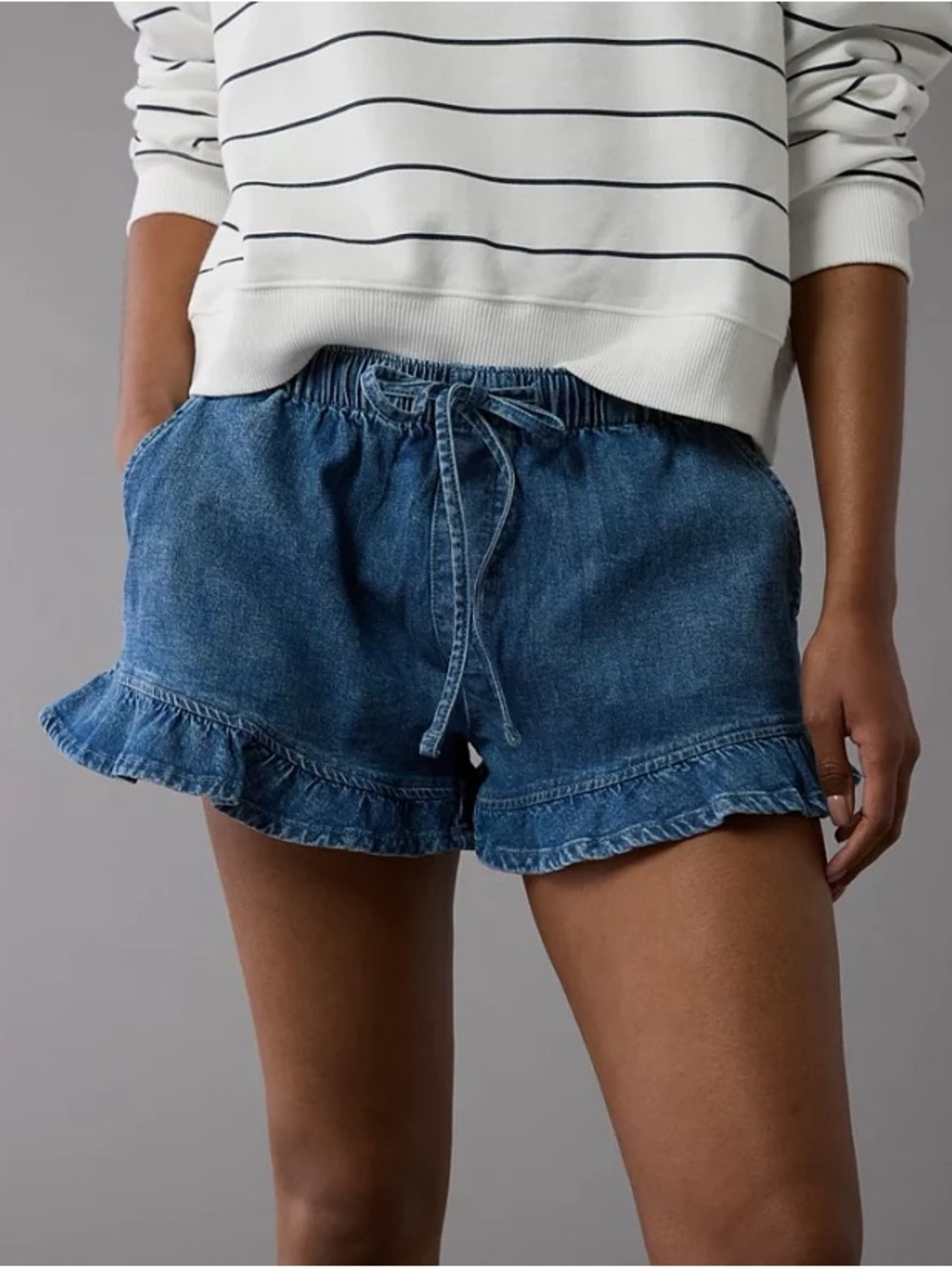 American Eagle Denim Ruffle-Hem Drawstring Shorts - Blue